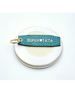 porte-clés en cuir grainé turquoise personnalisé Super Tata